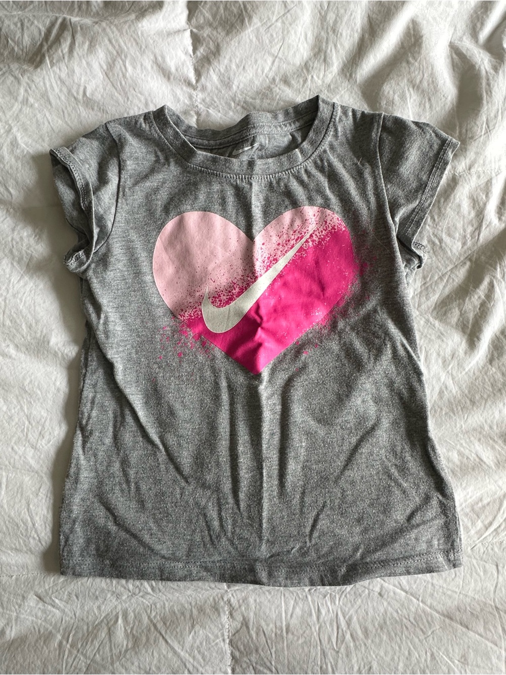 Nike Gray Kids Tee with Pink Heart and White Swoosh